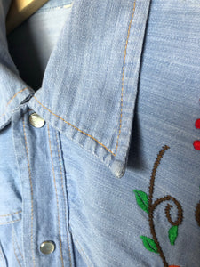 70’s Western Floral Embroidered Denim Pearl Snap