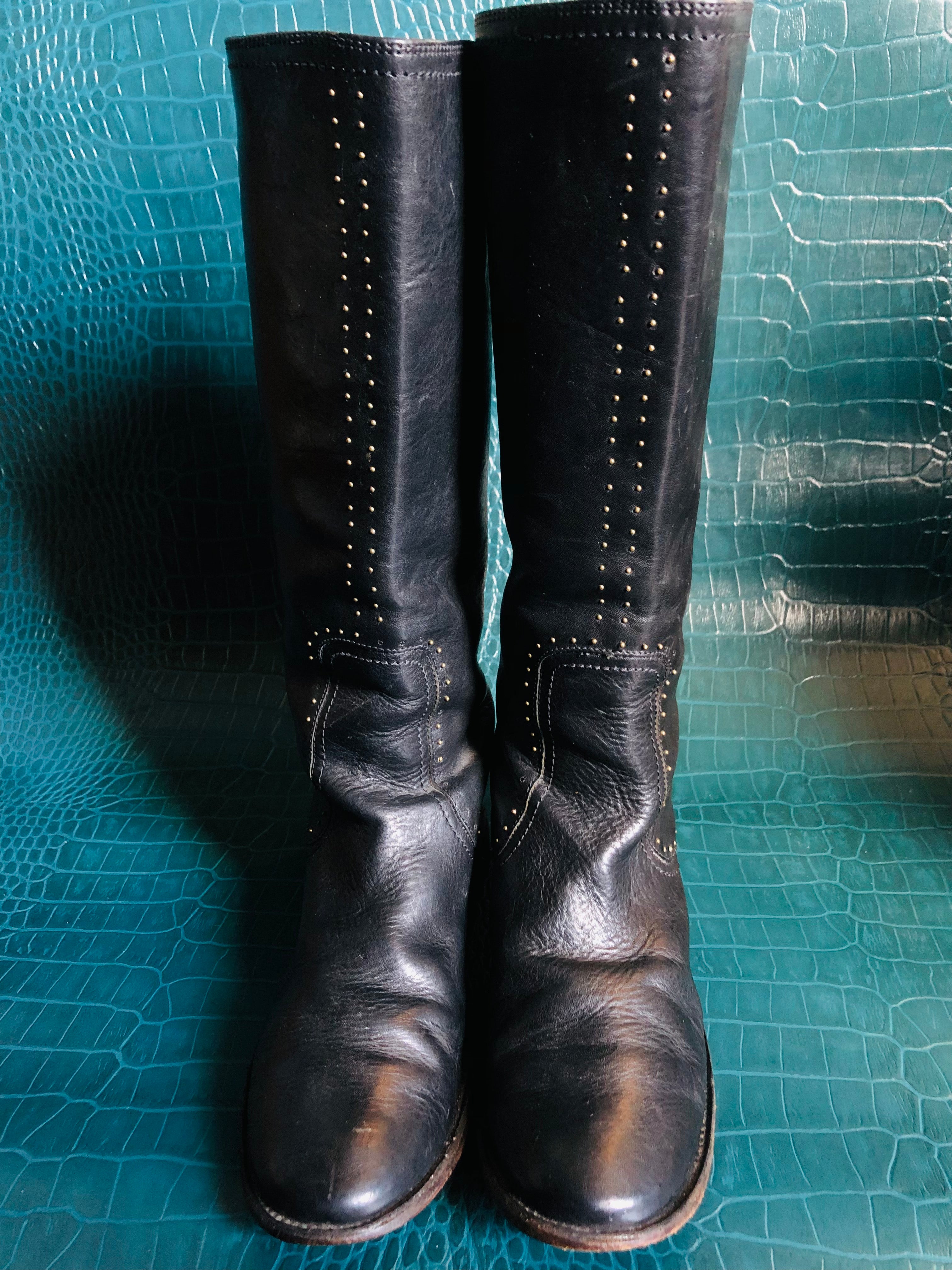 Frye Studded Black Leather Riding Boots Women’s 8.5