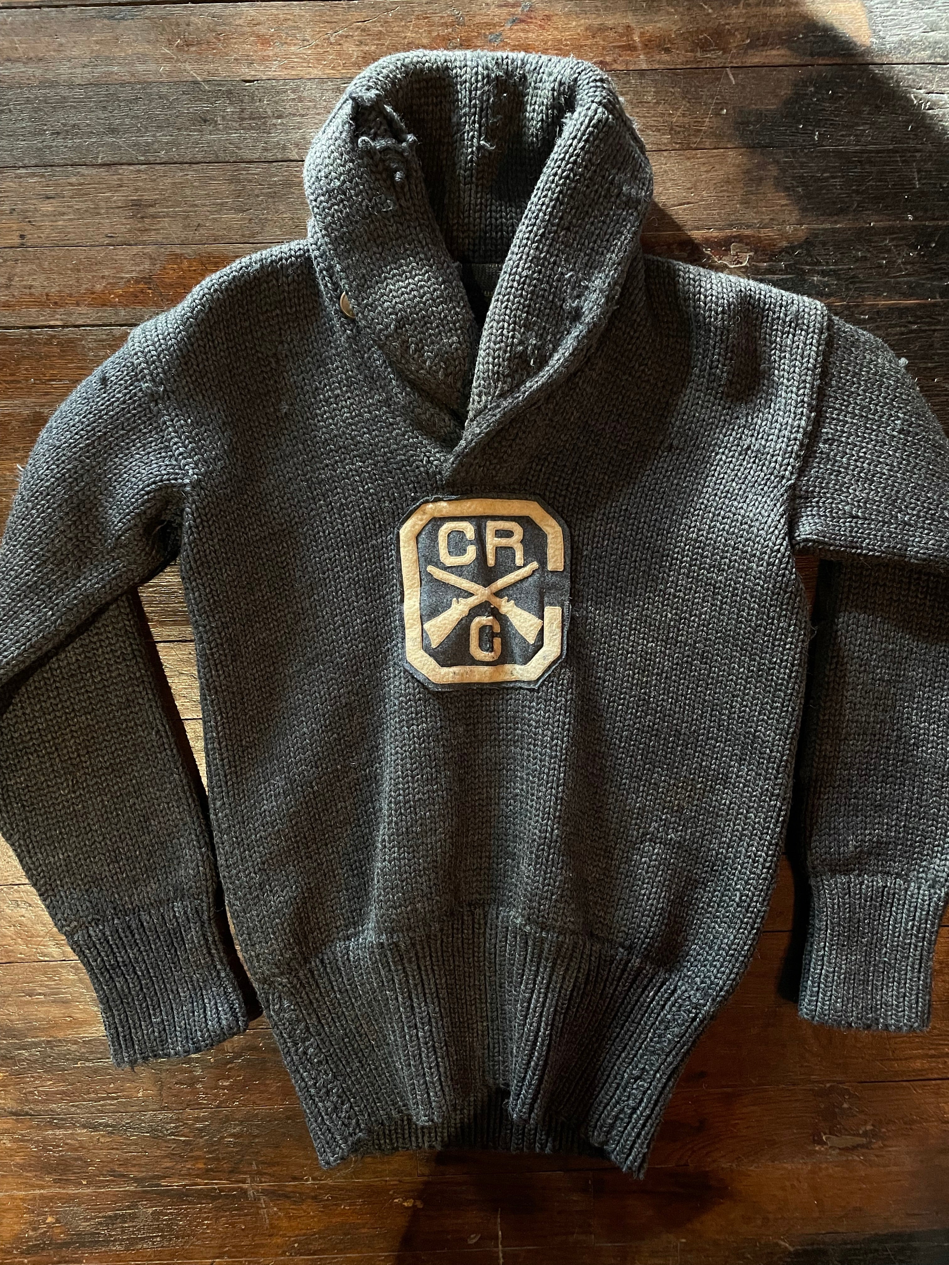 Rare Fisherman Wool Sweater with CRC Crossed Rifle Insignia Patch
